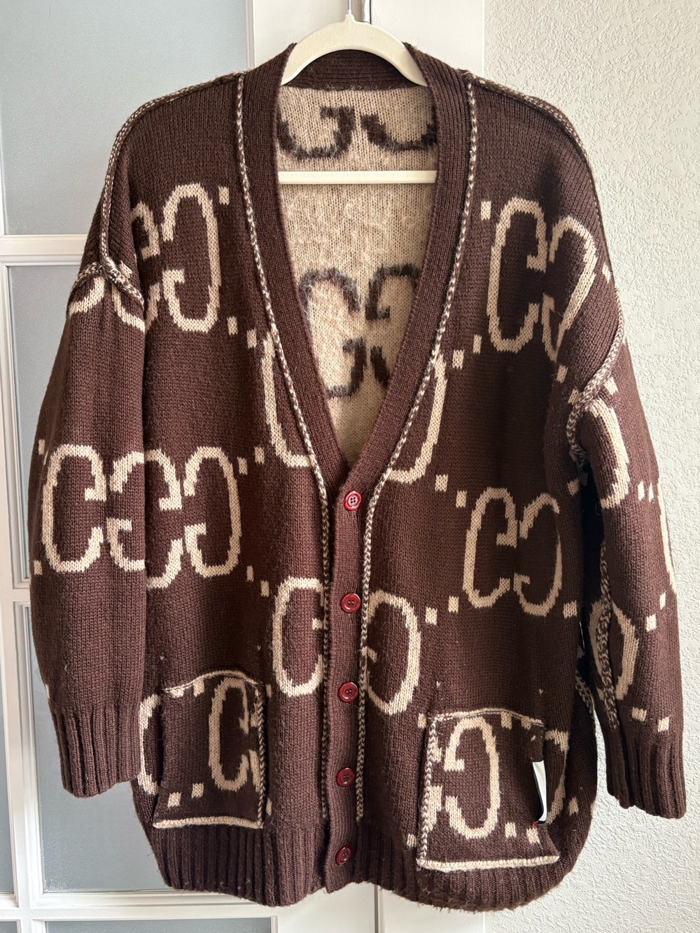 GG Monogram Women's Reversible 2 Sided Cardigan - Tan & Brown - Size Medium - Picture 7 of 12
